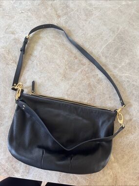 Quince Black Leather Shoulder Bag with Gold Hardware